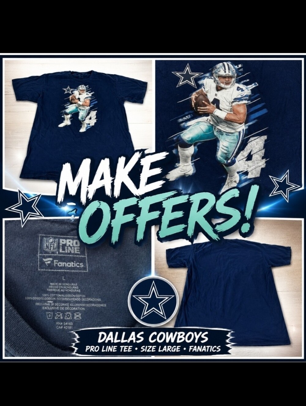 🛍Pro Line Fanatics Dallas Cowboys Dak Prescott Shirt L NFL Football
